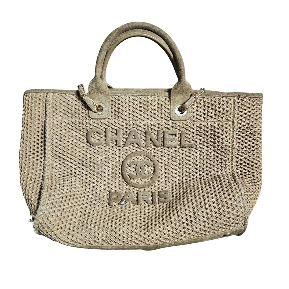 Chanel Deauville-style Raffia/Crochet Shopping Tote Large Paris Logo